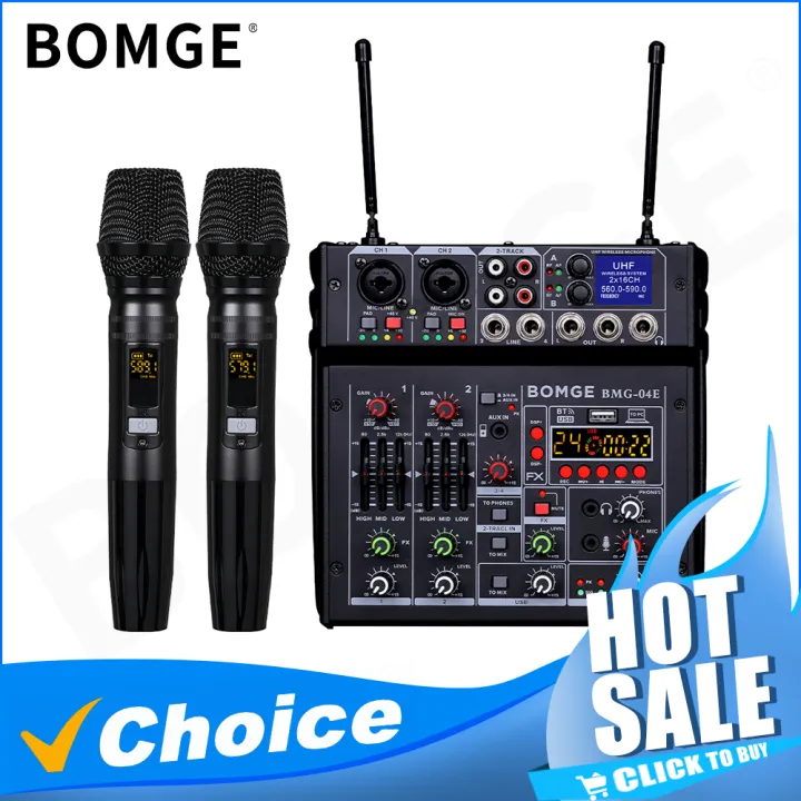 BOMGE 04E karaoke Audio mixer 4 Channel Sound Mixer With Dual UHF Wireless Mic DJ Mixing for Party Computer Studio Recording