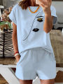 Summer Women's Fashion Simple Portrait Print Casual Loose Round Neck Short Sleeved T-Shirt Shorts Two-Piece Set. 