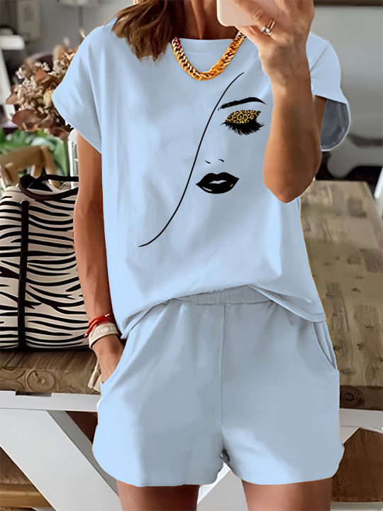 Summer%20Women's%20Fashion%20Simple%20Portrait%20Print%20Casual%20Loose%20Round%20Neck%20Short%20Sleeved%20T-Shirt%20Shorts%20Two-Piece%20Set%20-%20Image%202