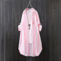 Chiffon sun protection shirt women's long-sleeved fashion top large size loose hip-covering striped long shirt.