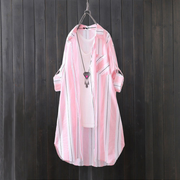 Chiffon%20sun%20protection%20shirt%20women's%20long-sleeved%20fashion%20top%20large%20size%20loose%20hip-covering%20striped%20long%20shirt%20-%20Image%202