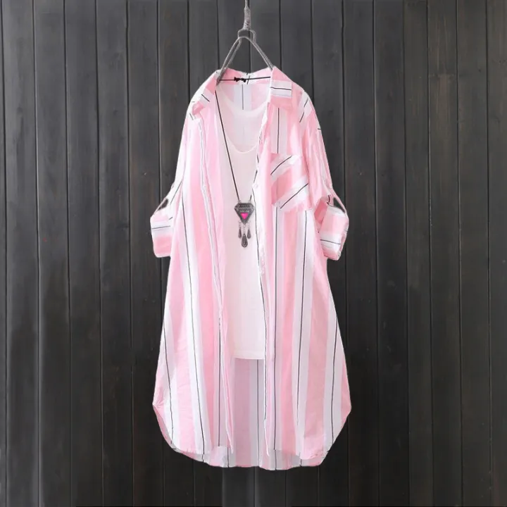 Chiffon%20sun%20protection%20shirt%20women's%20long-sleeved%20fashion%20top%20large%20size%20loose%20hip-covering%20striped%20long%20shirt%20-%20Image%202