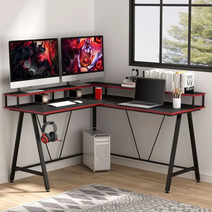 L-Shaped Desk with Shelf, 57 x 51 Inch Corner Computer Gaming Desk with Monitor Stand for Home Office and Gamer, Large PC Laptop Study Writing Table Workstation