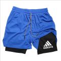 2-in-1 running shorts, suitable for men's fitness leggings, with phone pocket and simple letter print for summer sports pants.