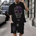 Summer New Casual Men's Skull Print T-Shirt Set Fashion Streetwear Tees Loose Oversized Breathable Soft Short Sleeves And Shorts. 