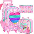 3PCS Rolling Backpack for Girls, Kids Roller Wheels Bookbag, Wheeled School Bag with Lunch Bag - Heart Purple.
