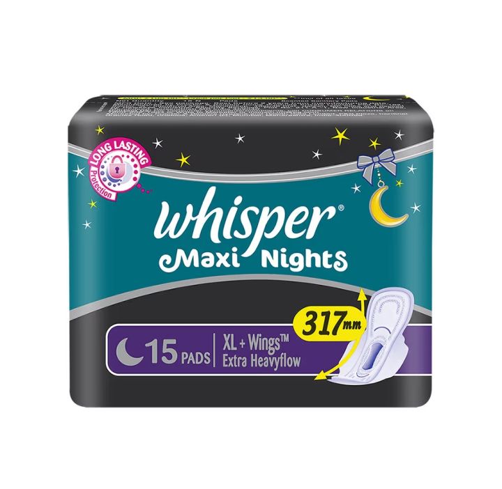 Whisper Maxi Nights Sanitary Pads for Women, Large, 15 Napkins