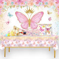 Pink Butterfly Birthday Tableware Backdrop Happy 1st First Birthday Party Decorations Kids Girl Butterfly Decoration Baby Shower. 