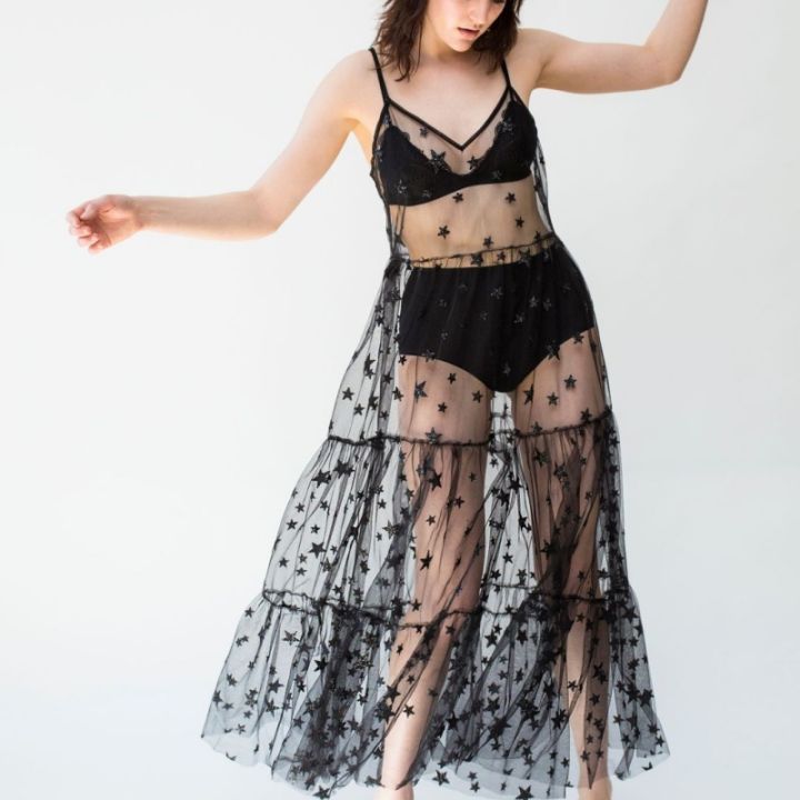 Star%20Print%20Beach%20Ankle-Length%20Spaghetti%20Strap%20Dress%20Women%20Summer%20Sleeveless%20V-neck%20Vestidos%20Female%20Lace%20Mesh%20Shirring%20Dresses%20-%20Image%203