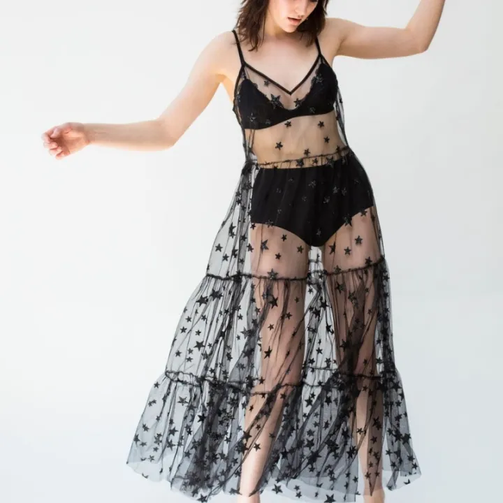 Star%20Print%20Beach%20Ankle-Length%20Spaghetti%20Strap%20Dress%20Women%20Summer%20Sleeveless%20V-neck%20Vestidos%20Female%20Lace%20Mesh%20Shirring%20Dresses%20-%20Image%203