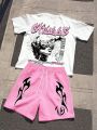 Summer Men's Fashionable Breathable Comfortable Letter Printed Round Neck T-Shirt Shorts Set Outdoor Casual Top. 