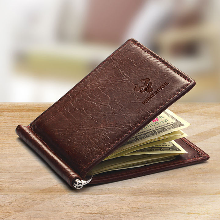 Ultra-thin Men's Money Clip Wallet Vintage Genuine Leather Bifold Card Holder Purse Mini High Quality Male Money Purse Cartera