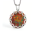 Wave Frame Opal Pendant Necklace,Round Blue Green Opal with Red Fire,White K Plated Floral Jewelry,Dainty Charms Gift for Women. 