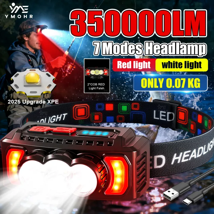 Front Flashlight 2025 Headlamp White Red Head LED Front Flashlight USB C Rechargeable ...