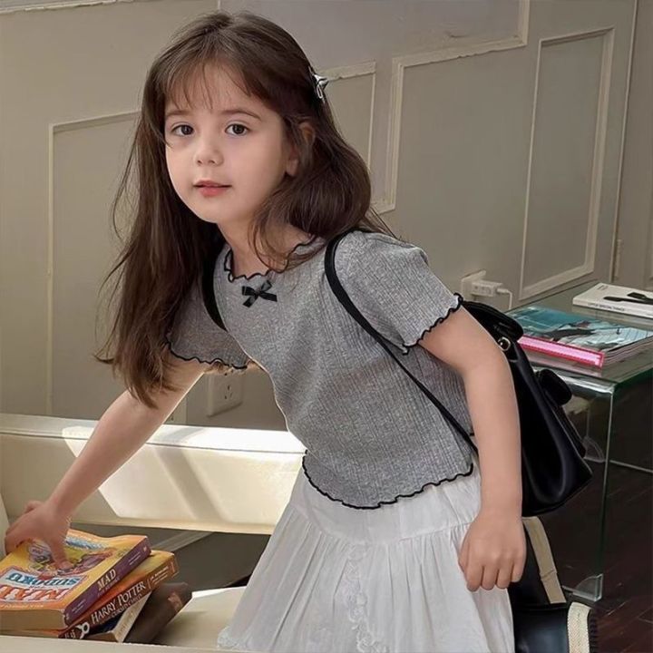 Toddler Girls Ruffle Trim Bow Knit T-Shirt 4-8 Years Kids Short Sleeve Ribbed Tops Casual Cute Summer Tee for Little Girls