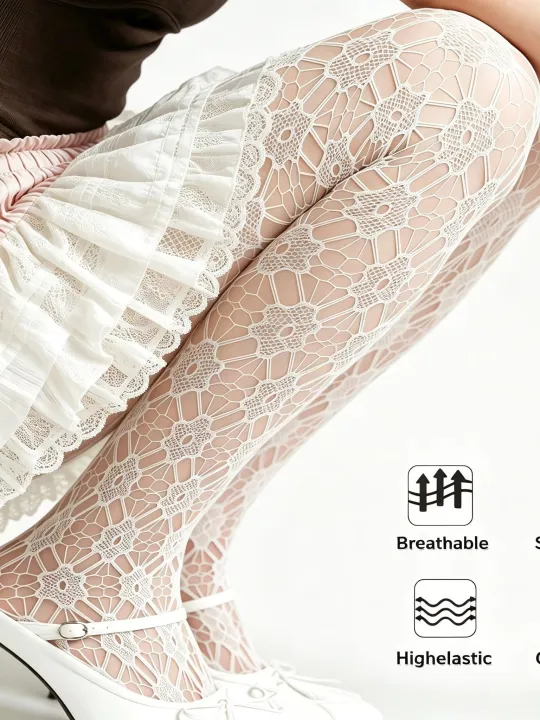 Women's%20White%20Hollow%20Out%20Tights%20French%20Gentle%20Style%20Diamond%20Mesh%20Friendly%20Comfortable%20Versatile%20Pantyhose%20For%20Dating%20Shopping%20-%20Image%204