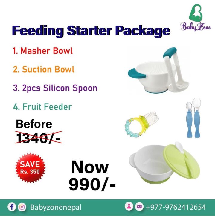 Feeding Starter Package For Kids ( Masher Bowl,Suction Bowl,2pcs Silicone Spoon,Fruit  Feeder )