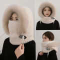 Autumn and Winter Women Thermal Plush Hat Hood Scarf and Mask Ear Protection Windproof Thick Design for Riding Outdoor. 