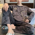 Two-Piece Set Autumn Winter Women Pajamas Men Long-Sleeved Cartoon Letters Bear Pullover Sleepwear Ladies Big Size Homewear.
