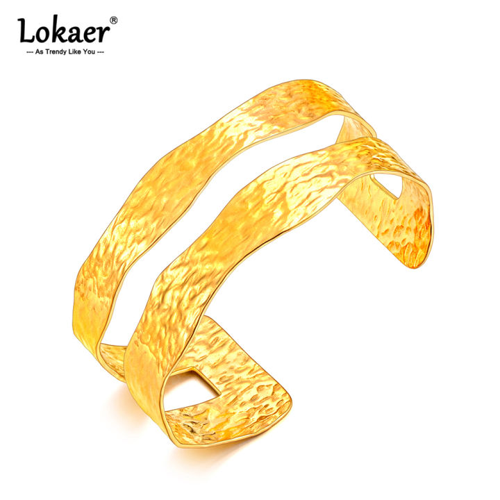 Lokaer%20Stainless%20Steel%20Handmade%20Casting%20Wide%20Cuff%20Open%20Bracelet%20Bangle%2018K%20PVD%20Plated%20Waterproof%20High%20Quality%20Jewelry%20B24082%20-%20Image%202