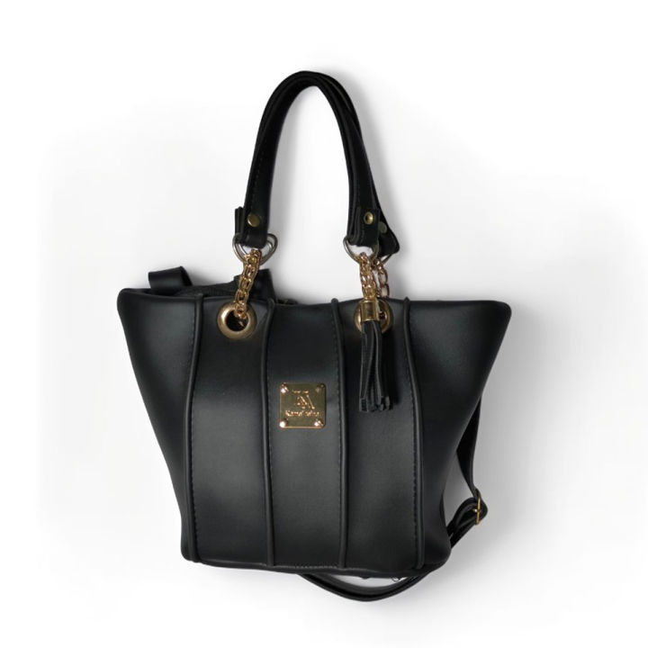 Classic Black Faux Leather Handbag with Gold-Tone Chain Handle and Decorative Tassel, Adjustable Shoulder Strap, for Office and Evening Wear