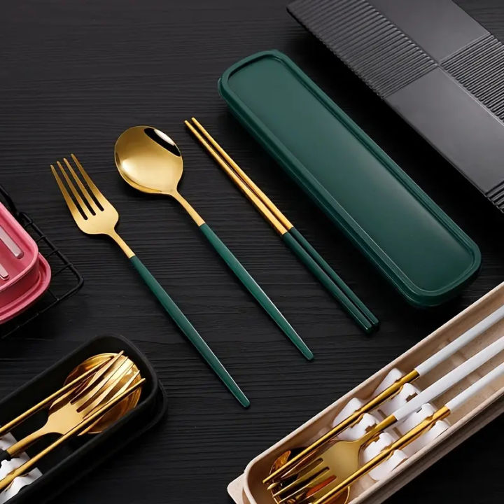 3pcs Thin Portuguese Portable Stainless Steel Cutlery Chopsticks, Forks, Spoons, Student Home Outdoor Picnic Tableware