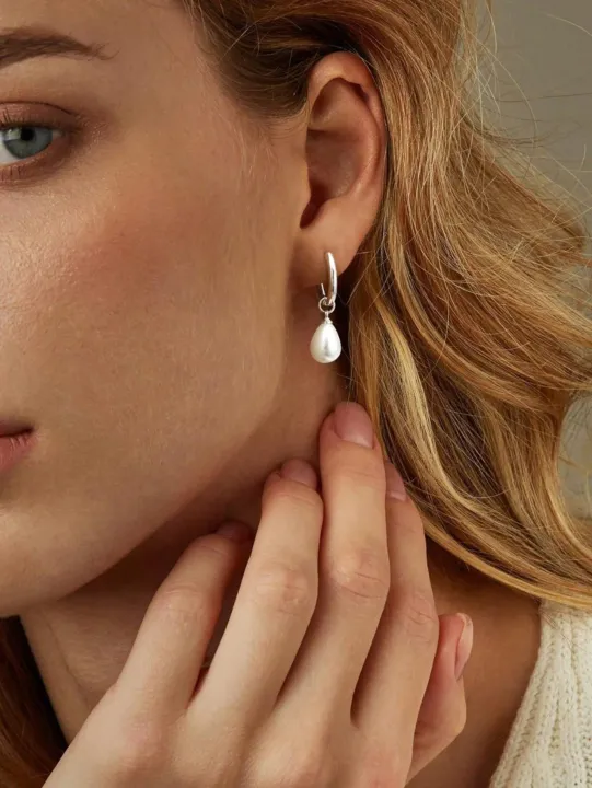 1%20Pair%20Stainless%20Steel%20Waterproof%20And%20Non-Fading%20Stylish%20Women's%20Water%20Droplet%20Pearl%20Hoop%20Earrings,%20Suitable%20For%20Women's%20Daily%20-%20Image%203