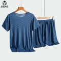 Men's Hot Selling Summer Printed Ice Silk Home Suit Set, Tencel Casual Silk Smooth and Cool Sleepwear Short Sleeved Shorts Set.