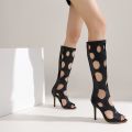 Women's Hollow Out High Heel Sandals Peep Toe Thin Heel Knee High Boots Summer Gladiator Cut Out Shoes for Party,Club,Streetwear.