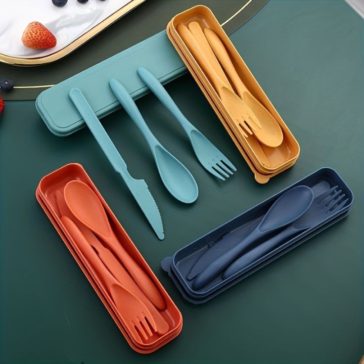 3In1 Portable Cutlery Set Reusable Home Travel Utensil Set Fork Spoon Knife with Box Dinnerware Set Picnic Camping Tableware