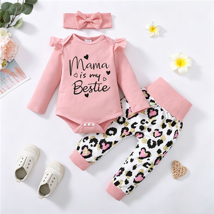 3PCS Newborn Baby Girl Daily Clothes Set Mama Print Long Sleeve Romper Top+Love Heart Print Pant+Headband Lovely Autumn Outfit