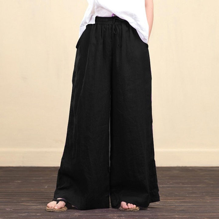 Women‘s Cotton Linen Baggy Palazzo Flared Pants Ladies Wide Leg Loose Trousers High Quality Clothing Plus Size