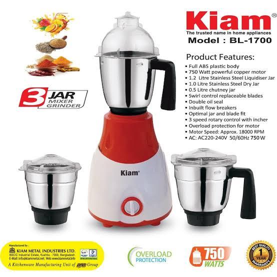 Kiam BL-1700 3 IN 1 Mixer Grinder - 750W - White And Red