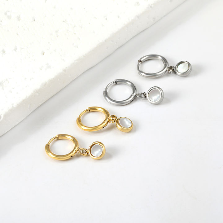 LUXUSTEEL%20Stainless%20Steel%20Geometric%20White%20Shell%20Hoop%20Earrings%20For%20Women%20Heart%20Round%20Square%20Shape%20Bee%20Moon%20Crown%20Daily%20Jewelry%20-%20Image%205