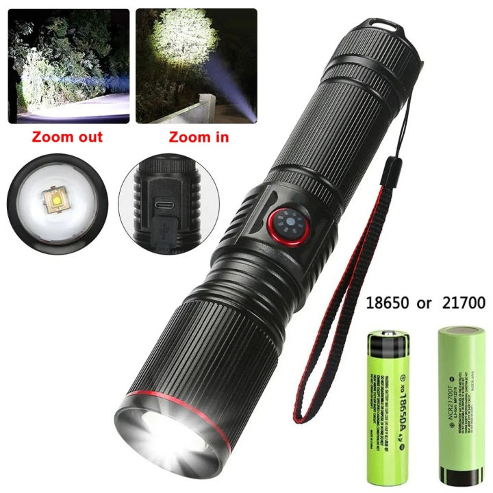 Powerful LED White Laser Flashlight 18650 or 21700 Battery Aluminum