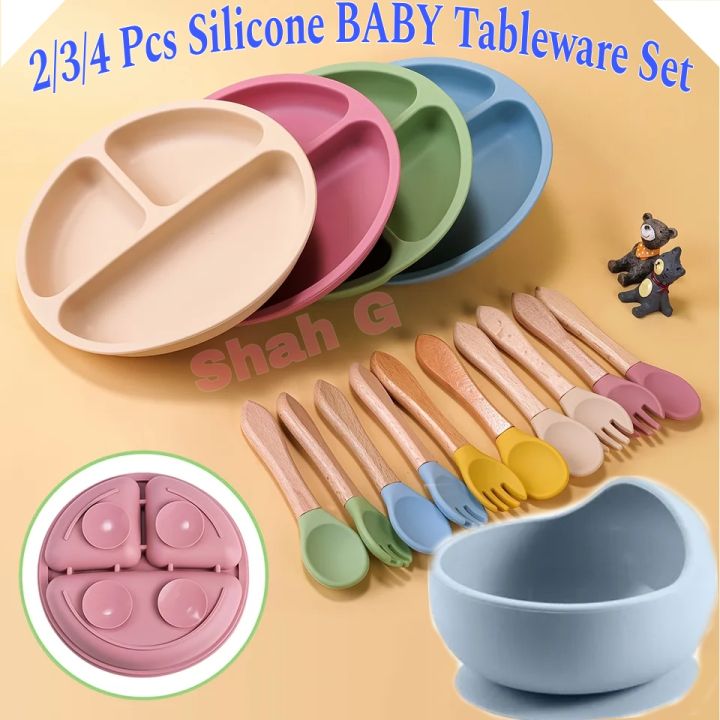 2/3/4 PCS Baby Silicone Plate Bowl Spoon Fork Set Solid Cute Color Grid Children Dishes Toddle Training Tableware Kids Feeding Stuff