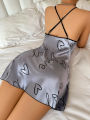 Heart   Letter Print Nightdress  Casual Round Neck Spaghetti Strap Sleep Dress  Women's Sleepwear   Dresses. 