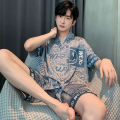 Large Size Men Pajamas Set Ice Silk Cartoon Bear Short-Sleeved Student Two-Piece Cardigan Lapel Smiley Letters 3xl Code Pajamas.