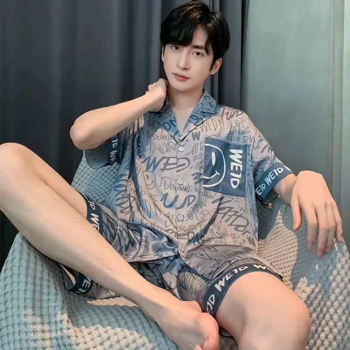 Large%20Size%20Men%20Pajamas%20Set%20Ice%20Silk%20Cartoon%20Bear%20Short-Sleeved%20Student%20Two-Piece%20Cardigan%20Lapel%20Smiley%20Letters%203xl%20Code%20Pajamas%20-%20Image%205