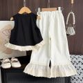 Bear Leader Korean Casual Children's Set Bow Decoration Black Sleeveless Vest+Pants Two-piece Set Lace Stitching Girls Clothes. 