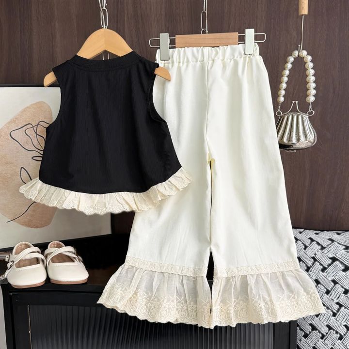 Bear%20Leader%20Korean%20Casual%20Children's%20Set%20Bow%20Decoration%20Black%20Sleeveless%20Vest+Pants%20Two-piece%20Set%20Lace%20Stitching%20Girls%20Clothes%20-%20Image%203