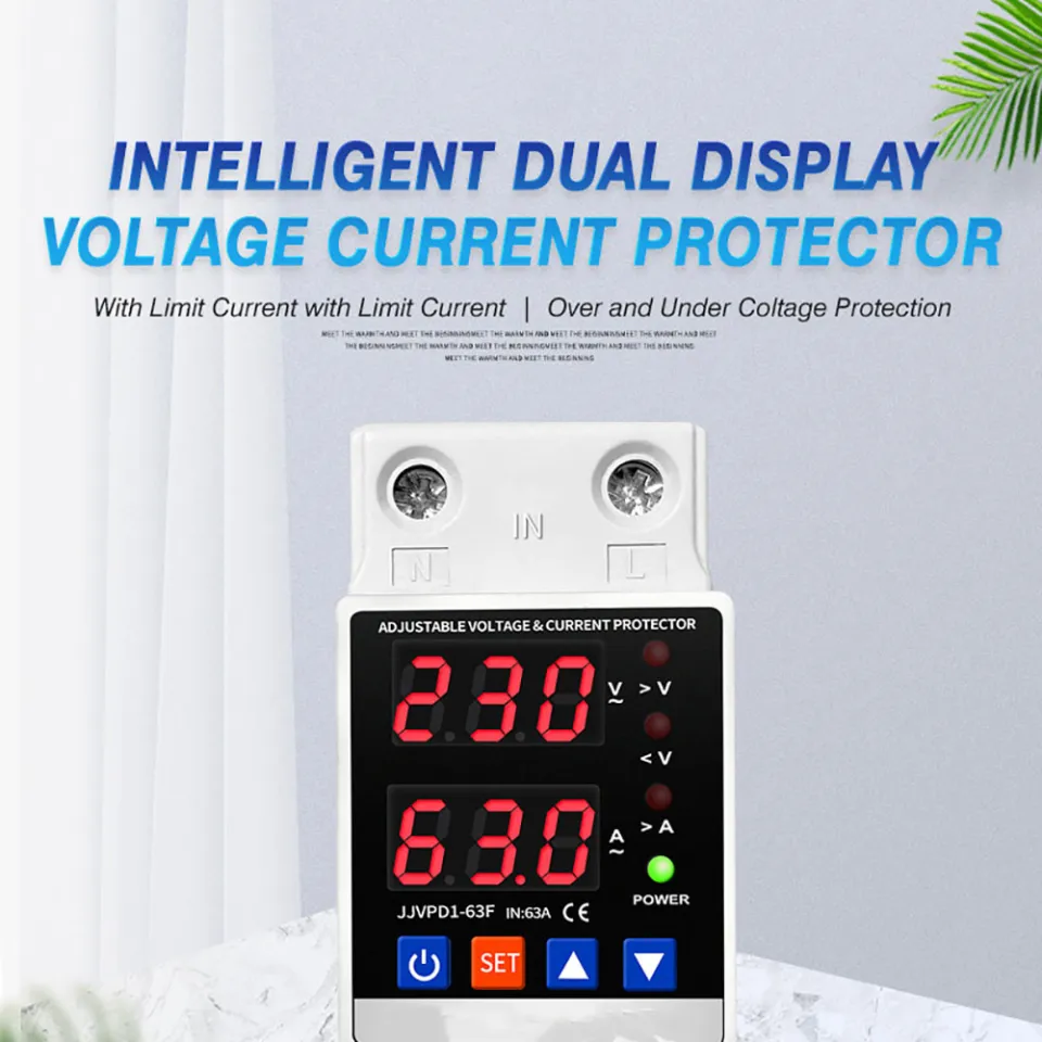 Double LED Display AC230V 63A Adjustable Over/Under Voltage Protector – Reset Mode Selectable For Home Electrical Safety