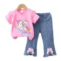 2024 New Children's Set Girls' Summer Cartoon Printed Short Sleeve+Cowboy Pants Infant Fashion Set 0-4 Years Old. 