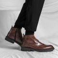 Men Block Heel Lace-up And Side Zipper Design Brogue  Boots. 