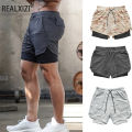 Mens Gym Sports Shorts Jogging Running Breathable Fitness Exercise Double Layer Shirt Hidden-Pocket Casual Camouflage Shorts. 