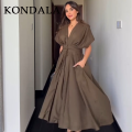 KONDALA 2026 Spring Summer Vintage Women Dress Fashion Single Breasted Sashes Draped V Neck Sleeveless Chic Brown Ladies Dresses. 
