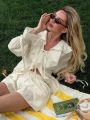 2025 Summer Fashion New Women's Elegant Shorts Set with Ruffle Edge Temperament Casual Sports Tie Up Two-piece Set. 
