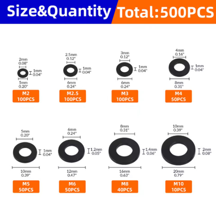500PCS%208%20Sizes%20M2-M10%20Black%20Nylon%20Flat%20Washers%20Assortment%20kit%20M2%20M2.5%20M3%20M4%20M5%20M6%20M8%20M10%20Plane%20Spacer%20Insulation%20Gasket%20Ring%20-%20Image%202