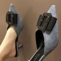 LINNE Womens Office Daily Kitten Heels Sandal Buckle Decorate Comfortable Slip On Pointed Toe Sandals.