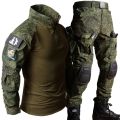 RU Camo  Sets Men Outdoor Breathable Long Sleeve T Shirts+Multi-pocket Straight Cargo Pant 2Pcs Suit Training Combat Set. 